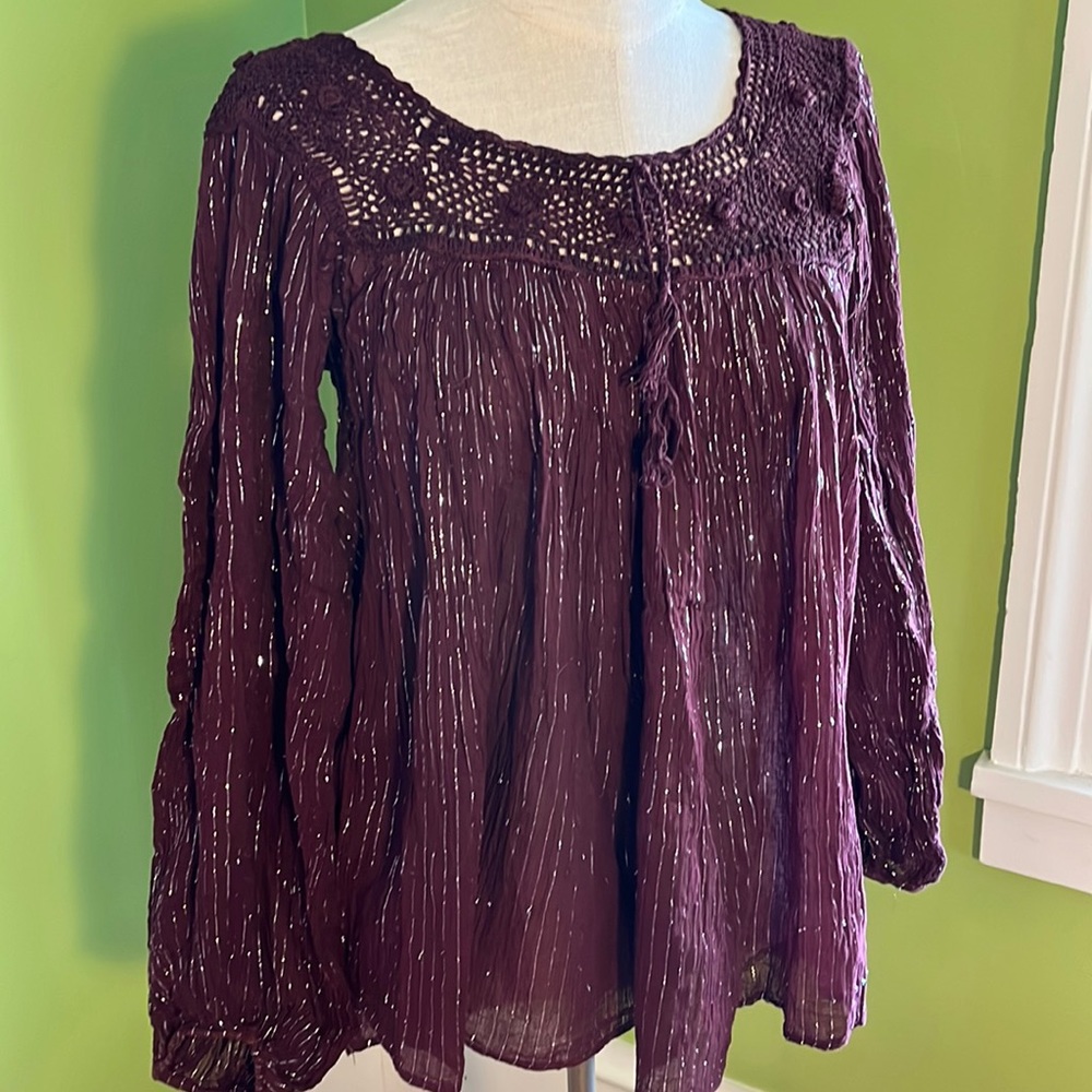 vintage 70s Zodiac silver striped maroon gauze top with crocheted yoke
